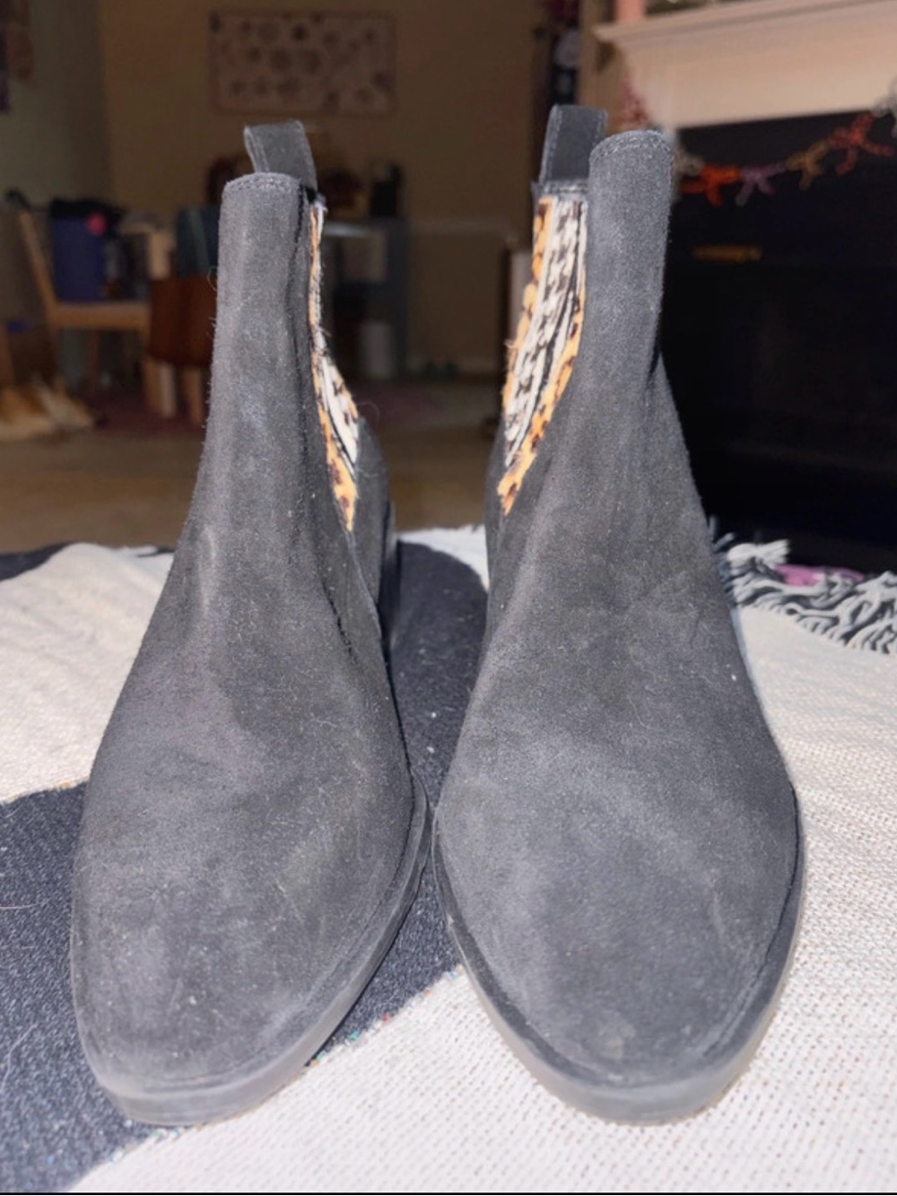 Crown Vintage Black Suede Ankle Boots with Leopard Panel